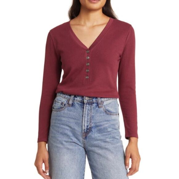 NEW CASLON NORDSTROM Waffle Organic Cotton Blend Henley Top Size L - Picture 1 of 9